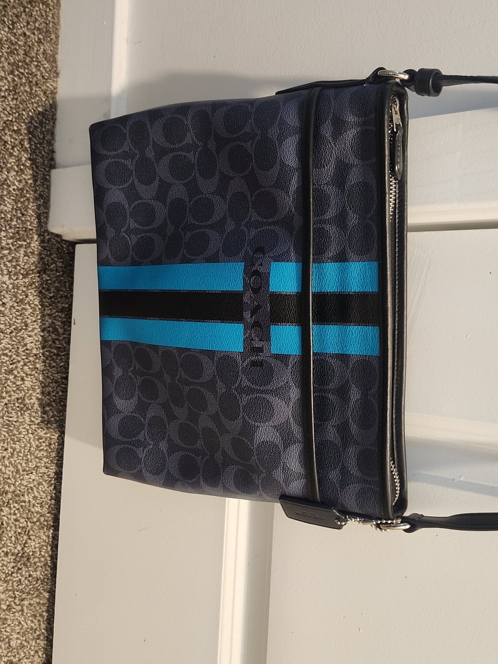 Coach Navy Signature Crossbody with Blue Stripe Detail